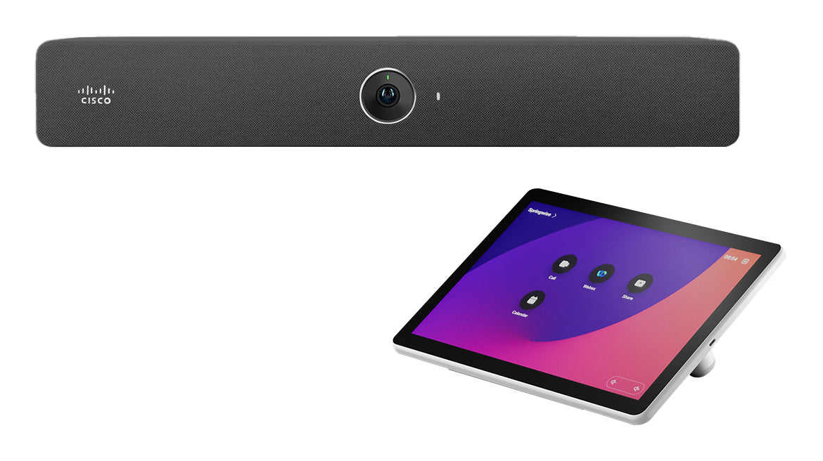 Cisco CS-BAR-T-C-K9 | video bar | 12MP 4K camera, auto‑framing, speaker tracking | beamforming mics, stereo speakers | 2x HDMI out, 1x HDMI in | GbE + Wi‑Fi/BT | includes Room Navigator (table stand) | Carbon Black finish