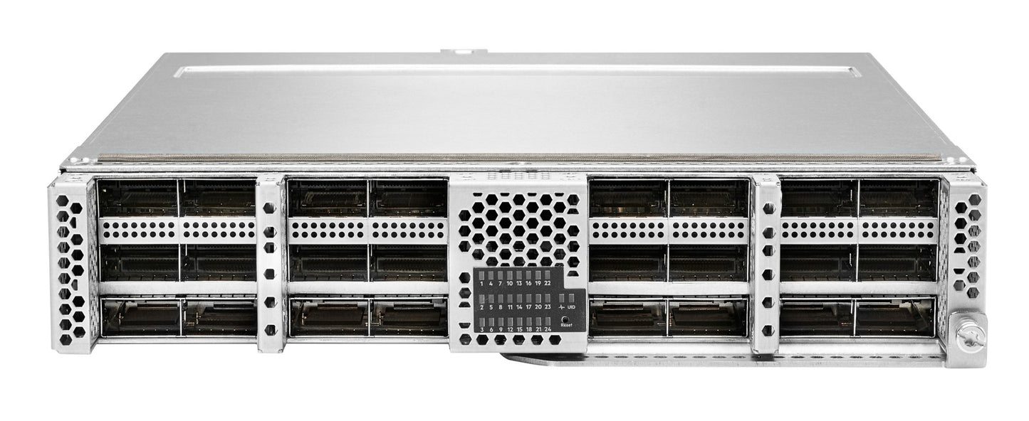 HPE 829910-B21 silver server rack with black mesh panels and 48x100Gb QSFP28 bays