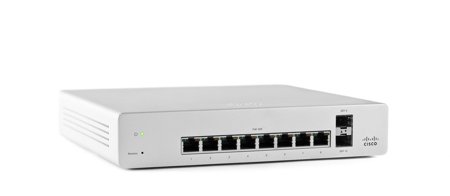 Meraki MS220-8-HW 8-port Gigabit switch with white exterior and black ports