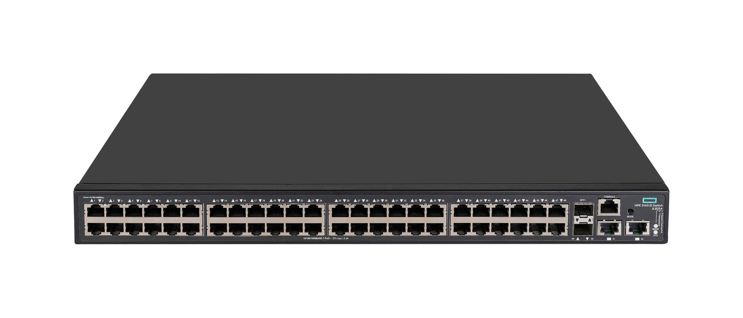 HPE JL825A black Cisco-style switch with 48x 1G PoE+ ports and 10G uplinks