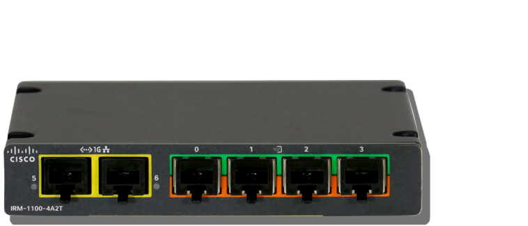 Cisco irm-1100-4a2t industrial expansion module with five ethernet ports two yellow three green orange and black accents side view