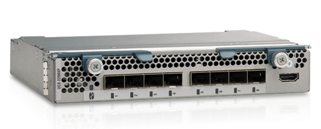 Cisco UCS-IOM-2208XP silver server rack with black ports and handles