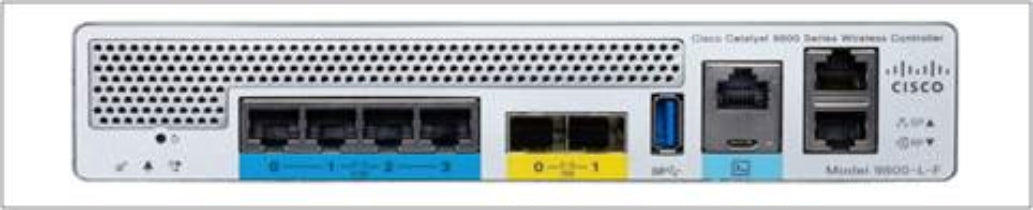 Cisco C9800-L-F-CA-K9 wireless controller with blue yellow accents and Ethernet ports