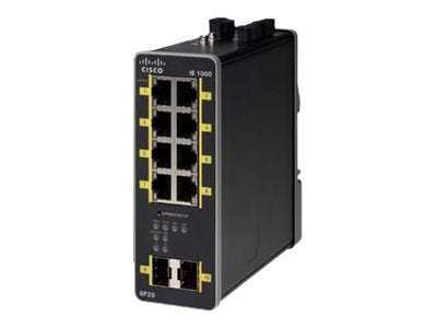 Cisco IE-1000-8P2S-LM black switch with yellow accents, 8 PoE ports
