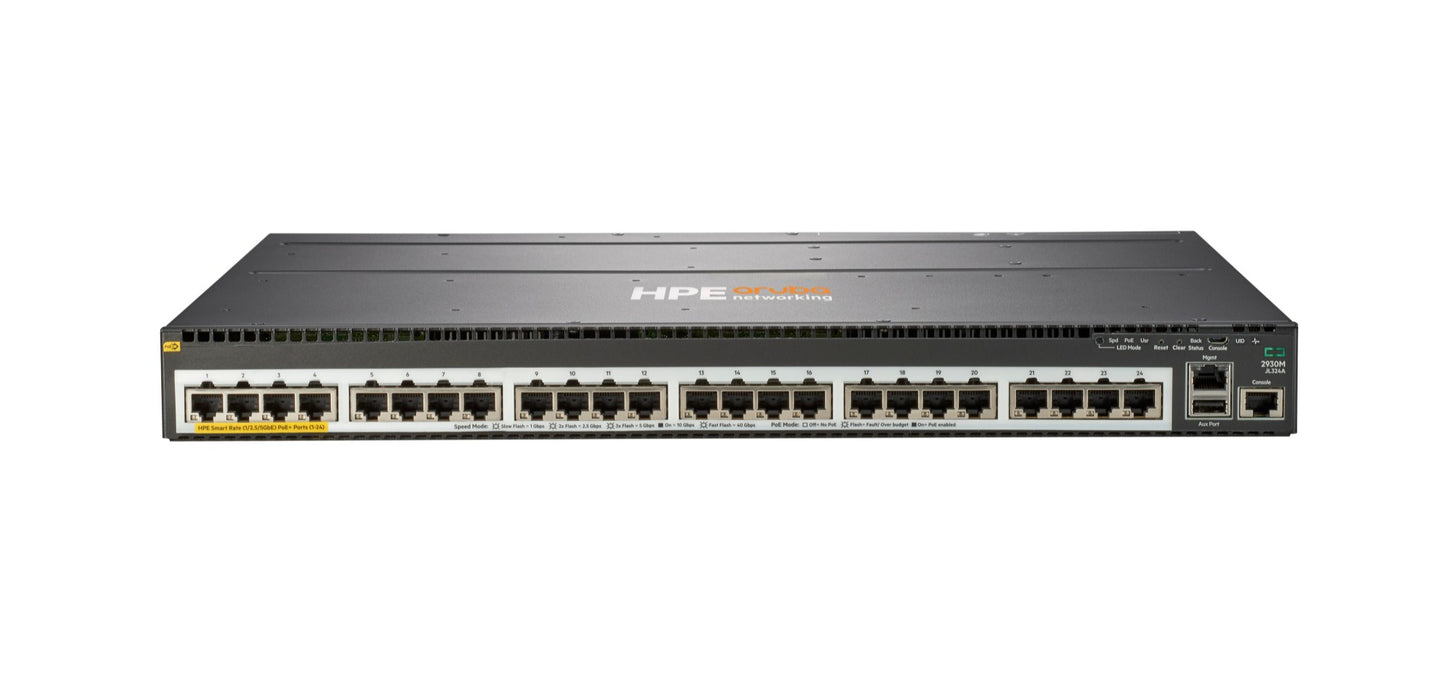 Aruba JL324A | 24x 1G/2.5G Smart Rate PoE+ (802.3at), 1 modular uplink slot (up to 4x 10G SFP+), VSF stacking, license-free L2/L3 access