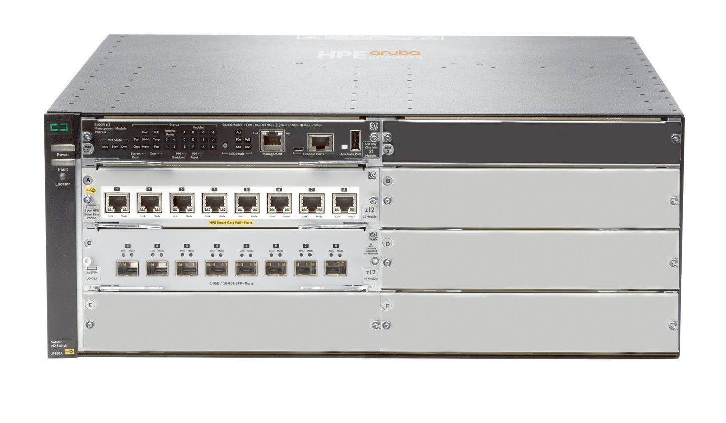 Aruba JL002A | 8x 1/2.5/5/10G PoE+ (802.3at) | 8x 10G SFP+ uplinks | L3 feature set (base) | 6-slot chassis (no PSU)