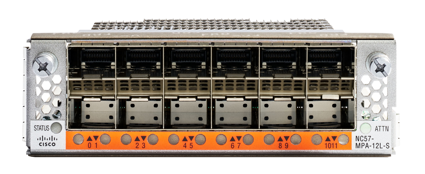 Cisco NC57-MPA-12L-S silver router with orange accents and 12x SFP28 ports