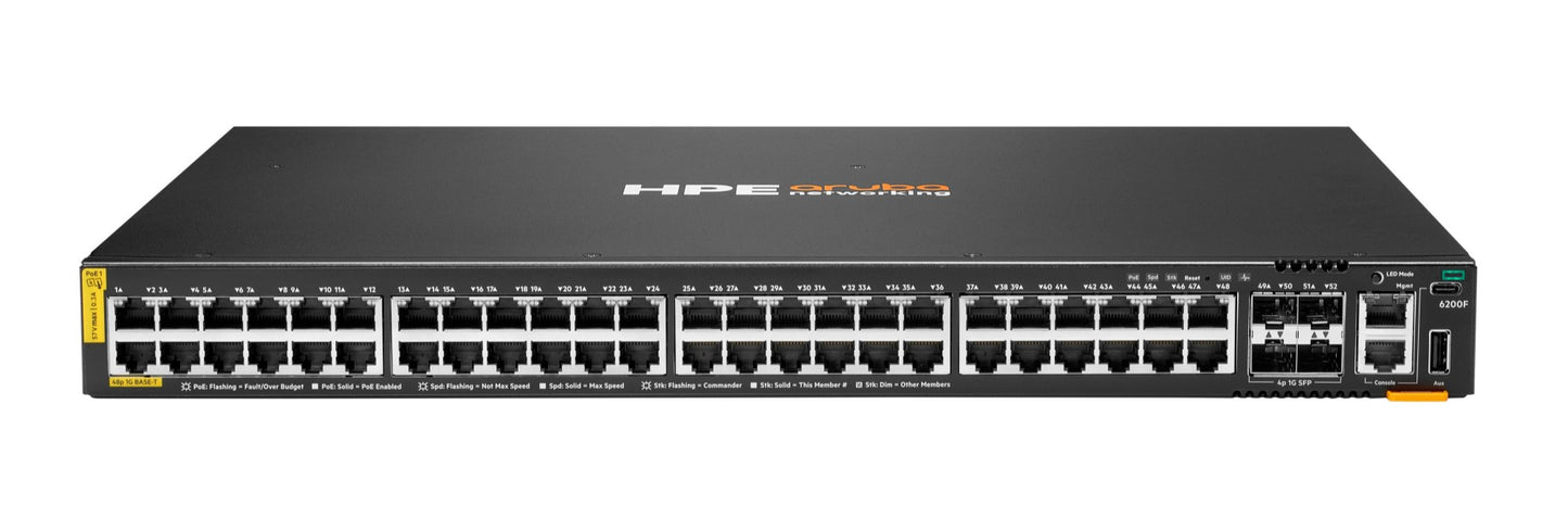 Aruba S0M85A | 48x 1G RJ45, Class 4 PoE (740W), 4x 1G SFP uplinks, L3, AOS-CX base