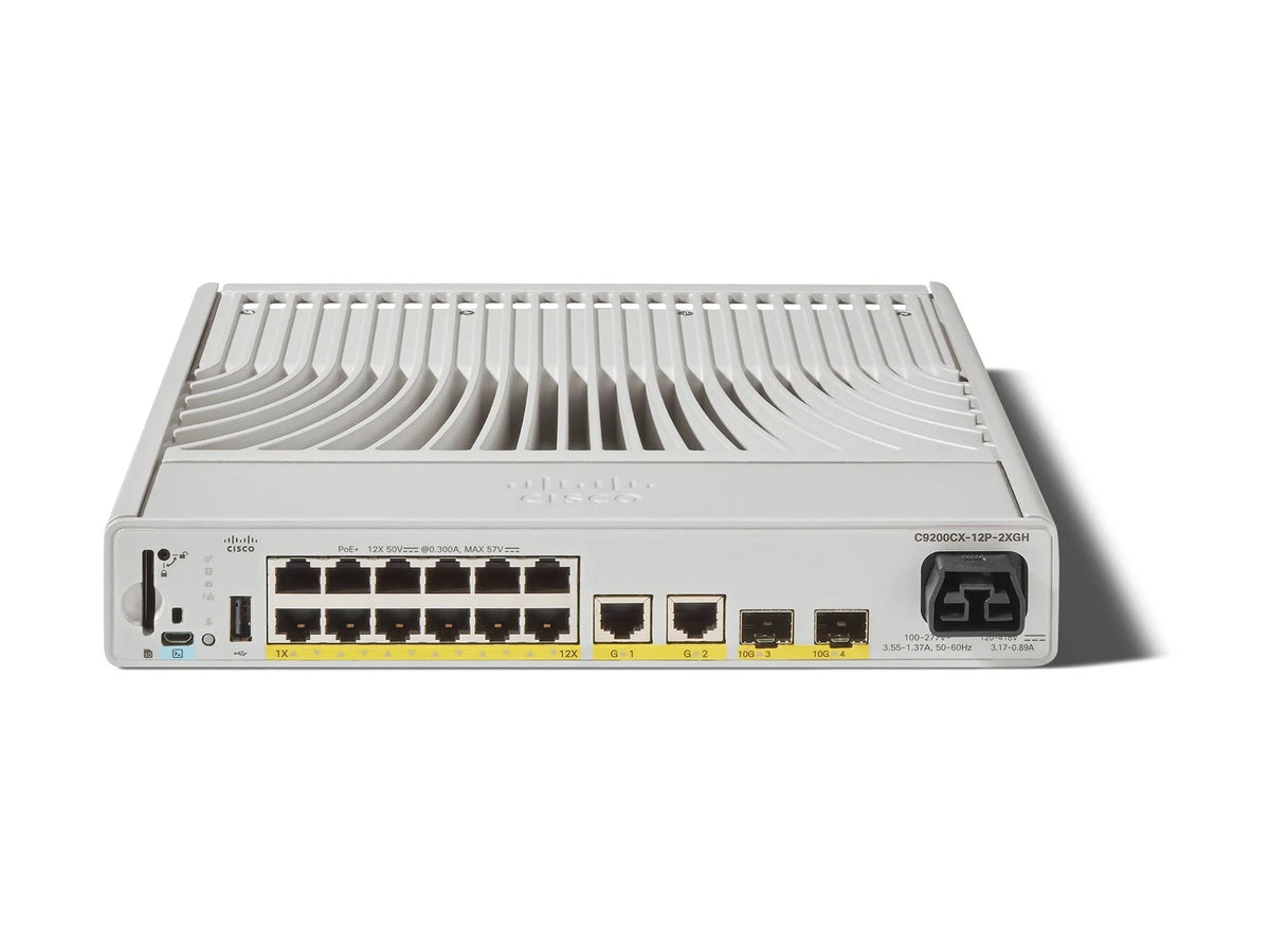 Cisco catalyst 9200cx 12-port poe+ switch with sleek white metal chassis and distinctive curved ventilation slats