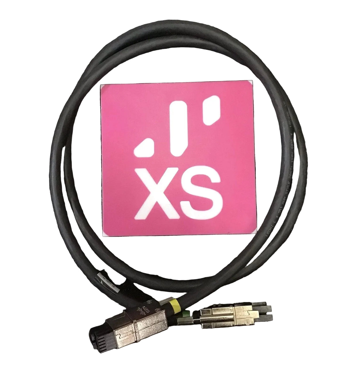 Black coiled fiber optic stackpower interconnect cable 150 cm with metallic connectors and pink xs branded label