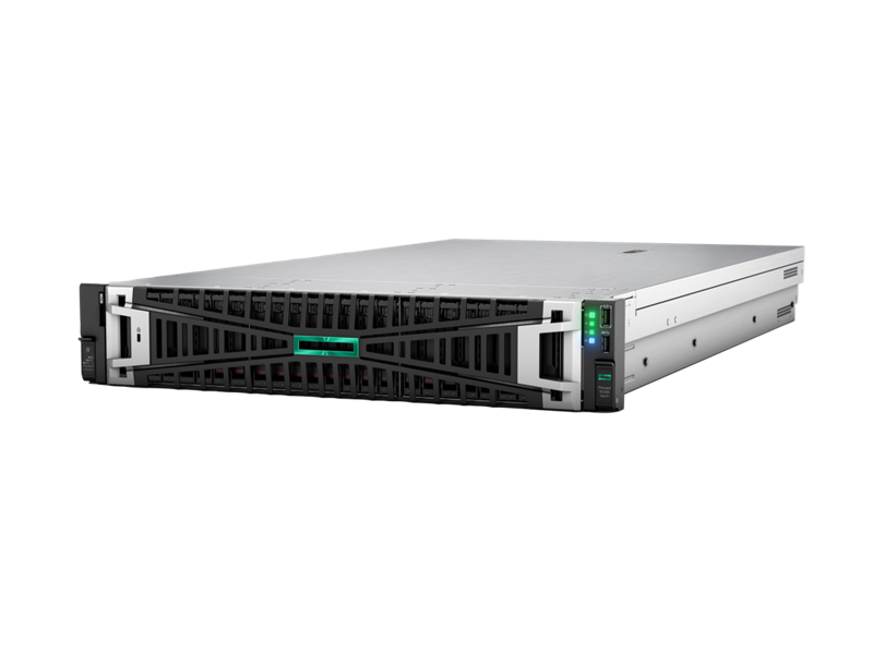 Silver and black hp proliant dl380 gen10 server with green led indicator panel for high performance computing