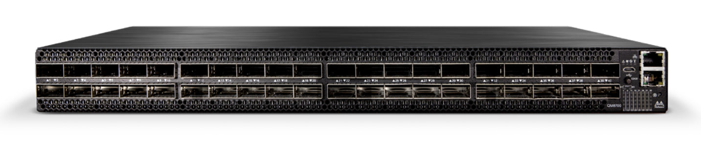 NVIDIA MQM8700-HS2F | 40x QSFP56 HDR (up to 200Gb/s), 2x AC PSUs, P2C airflow, std depth 1U, rails, license: base