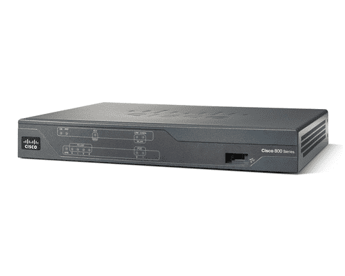 Dark blue leather wallet with gold accents and Cisco C886VAJ-K9 router