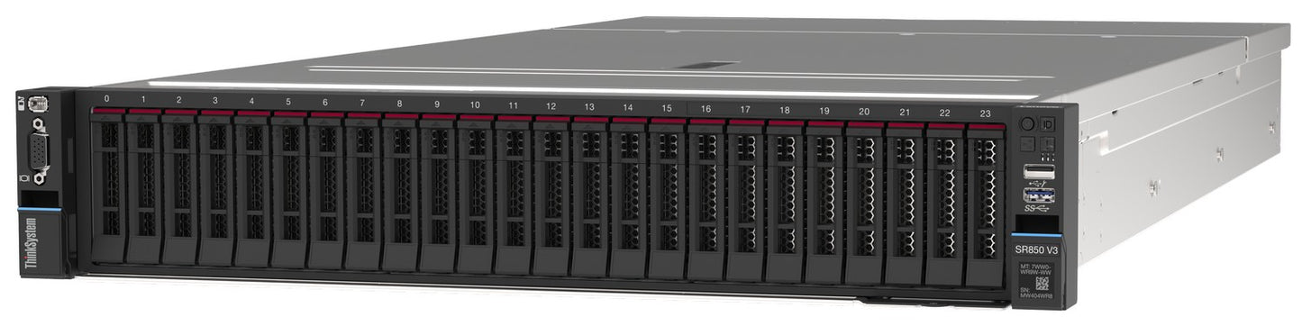 Lenovo SR850-V3 | 4-socket Xeon Scalable (Gen 3) | 2U rack | up to 48 DIMMs, up to 3200 MT/s | up to 24x 2.5in SAS/SATA/NVMe | PCIe Gen4 expansion + OCP NIC | Redundant hot-swap PSUs | XClarity management