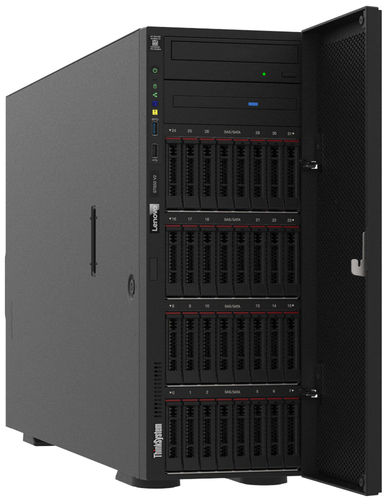 Lenovo ST650-V2 | Tower | 2-socket Intel Xeon Scalable Gen 3 | up to 4TB DDR4 ECC | up to 32x 2.5in or 16x 3.5in bays | 10/25GbE options | PCIe Gen4 | Hot-swap redundant PSUs
