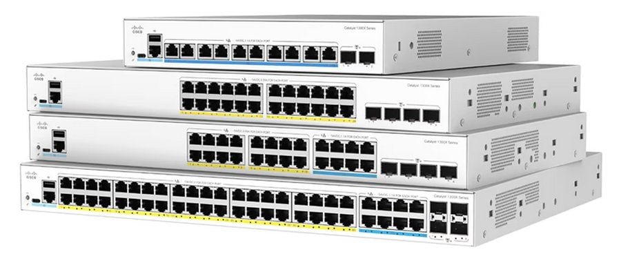 Stack of four white cisco catalyst 9200 series network switches with black ethernet ports and yellow indicator lights