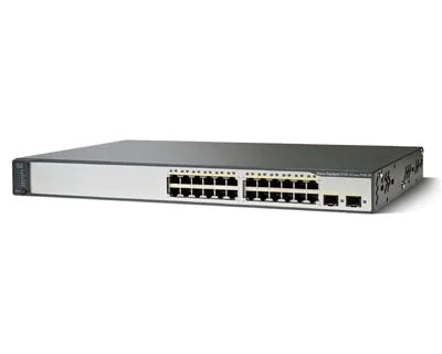 Cisco WS-C3750V2-24PS-E | 24x 10/100 PoE (802.3af, 15.4W/port, 370W) | 2x 1G SFP uplinks | IP Services