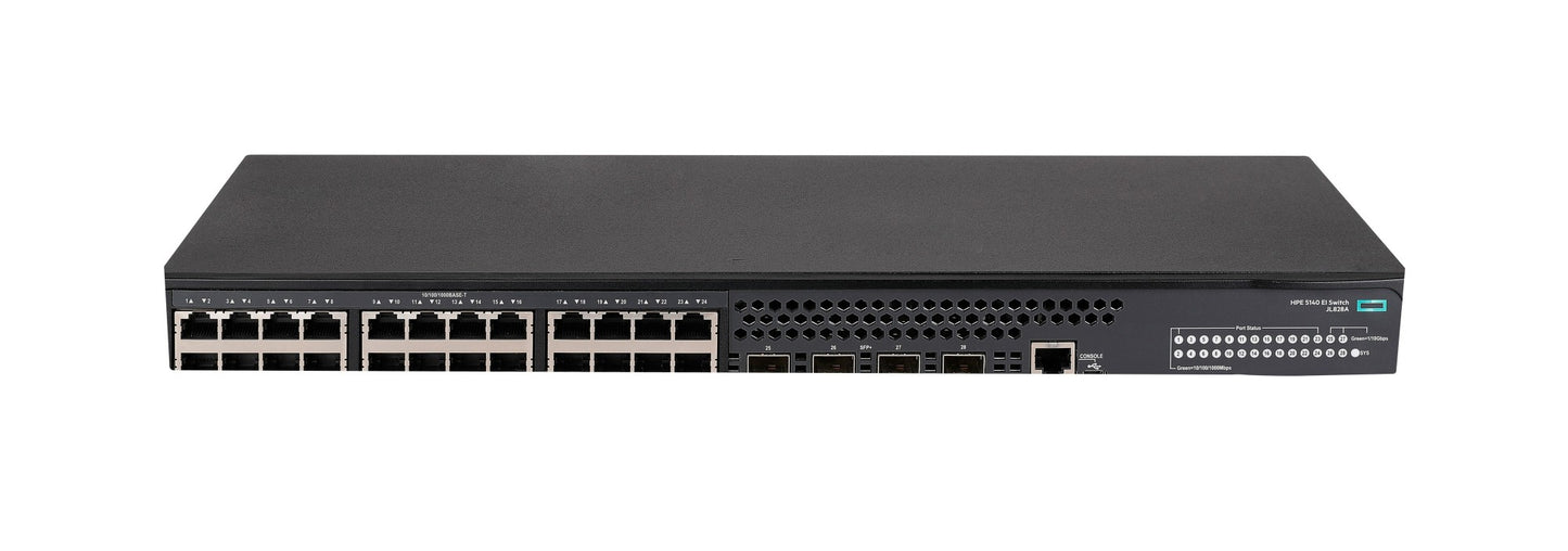 HPE JL828A black switch with 24x 1G RJ45 ports and 4x 10G SFP+ uplinks