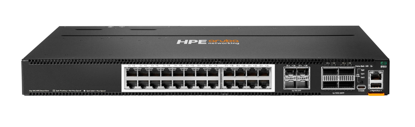 Aruba R9W88A | 24x10GBase‑T + 4x10G SFP+ | 4x40/100G QSFP28 uplinks | PoE: None | Lic: L3 Enterprise | Airflow: FB | 1U, 2x AC PSU, 3x fans