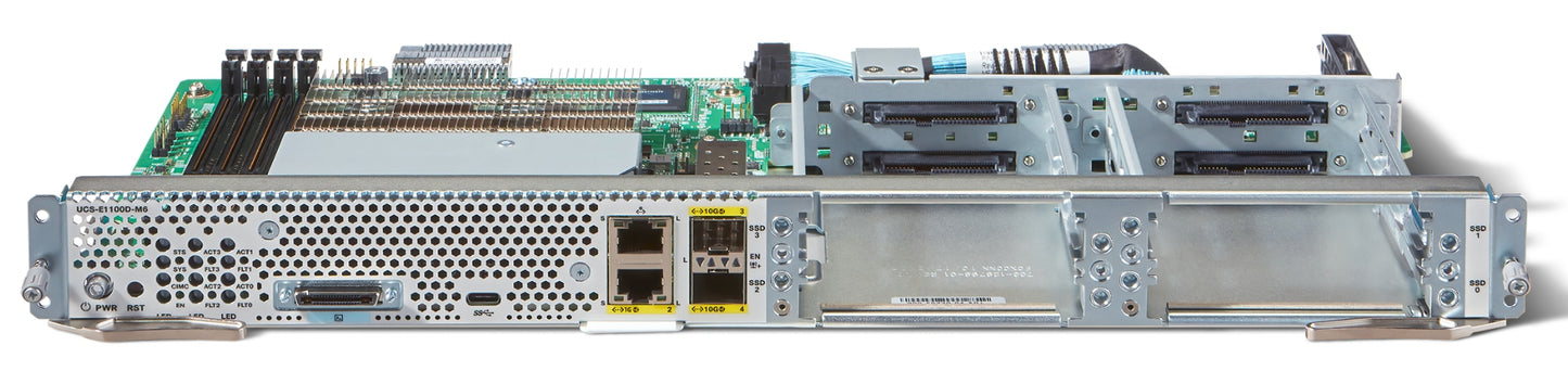 Cisco UCS-E1100D-M6 silver server rack with black green components for data storage