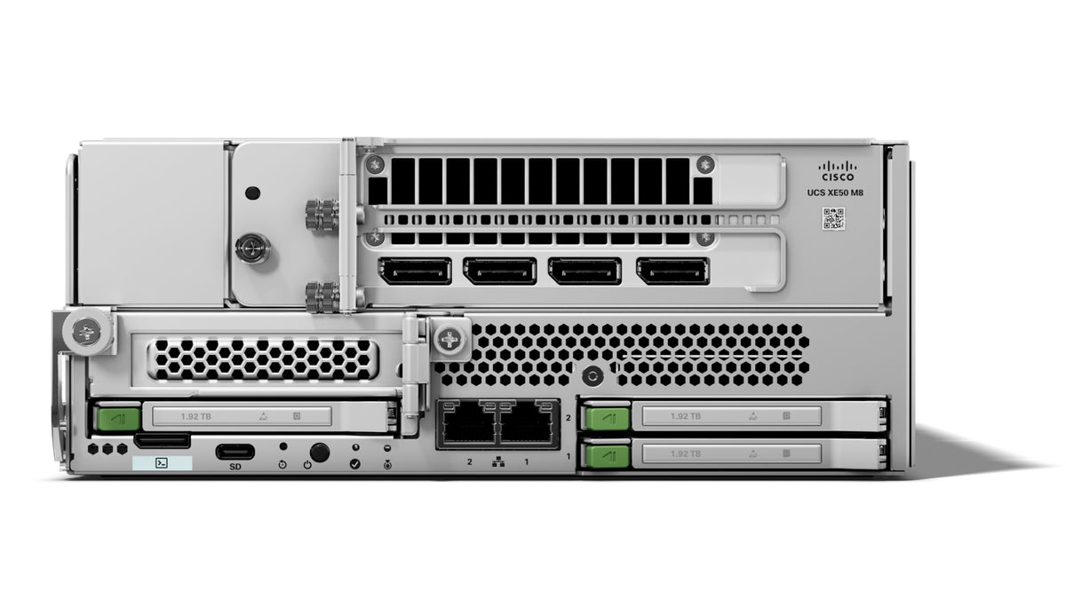 Back side of a metallic silver Cisco UCSXE-150C-M8-32-U 2U server chassis with multiple ethernet ports and expansion slots