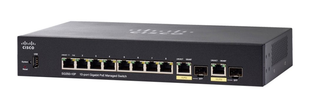 Cisco SG350-10P-K9-AU | 8x 1G RJ45 PoE+ (802.3at, 62W) + 2x 1G SFP uplinks | L2/L3 static | No license