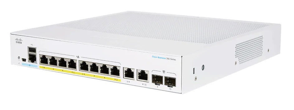 Cisco CBS250-8FP-E-2G-AU | 8x 1G PoE+ (802.3at); PoE: PoE+; Uplinks: 2x 1G combo (RJ-45/SFP); Smart Managed L2/L3 static