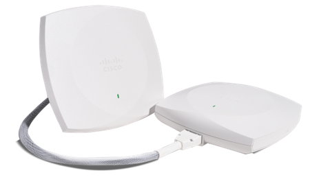 White Meraki CW-ANT-T-O2-D8 tri-band omni Wi-Fi 6E antenna with cable