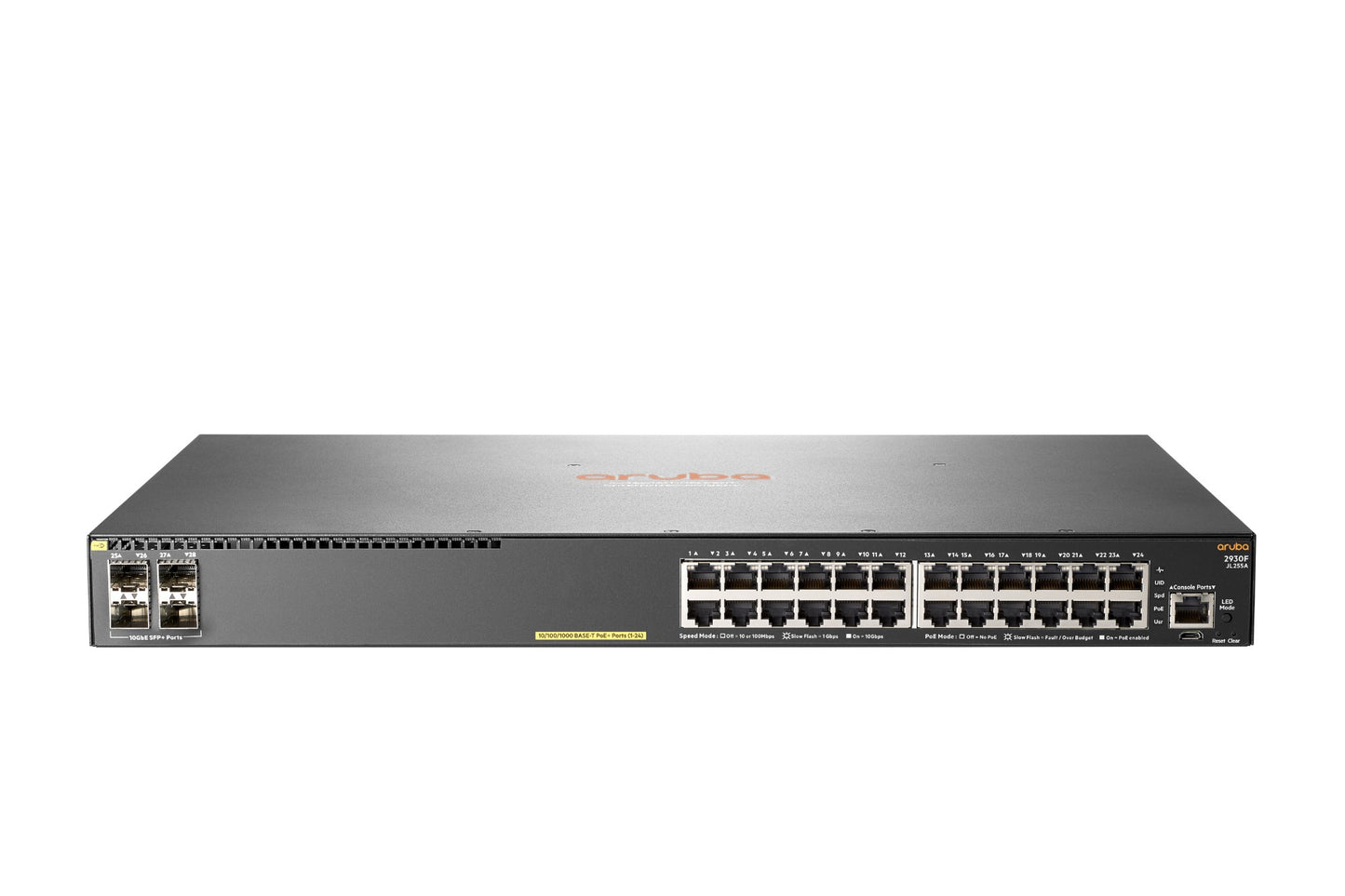 Aruba JL255A#ABG | 24x 1GbE PoE+ (802.3at Class 4), PoE budget 370W | 4x 10GbE SFP+ uplinks | L3 static/RIP, no subscription