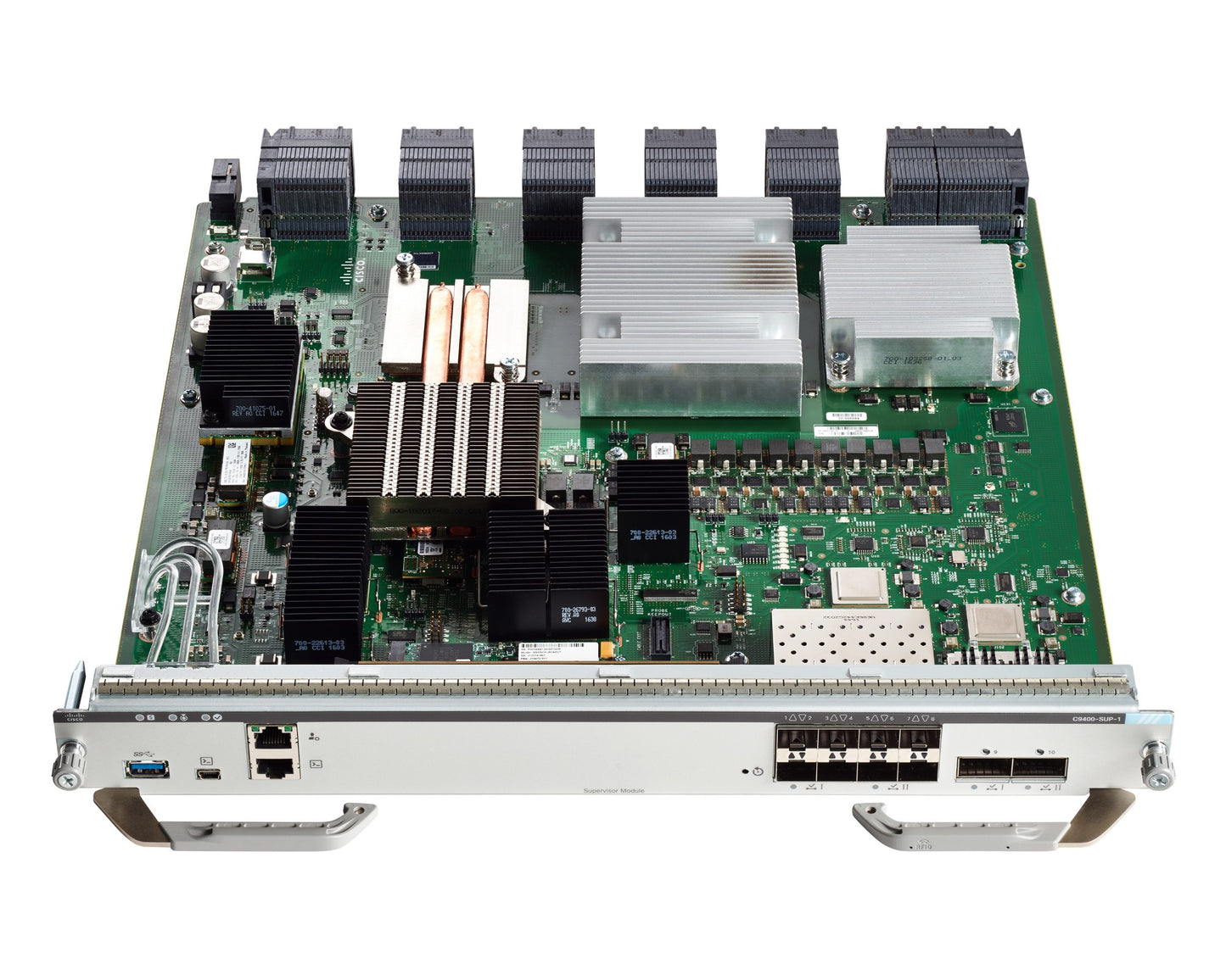 Cisco C9400-SUP-1 supervisor engine with silver motherboard and green circuitry