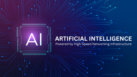 Purple and blue glowing circuit board graphic featuring a central ai chip icon for ai native networking infrastructure
