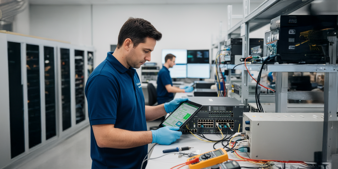 Blue short-sleeve polo shirt with white logo in used hardware guide