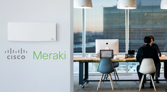 Wall-mounted white rectangular Cisco Meraki WiFi 6E network appliance