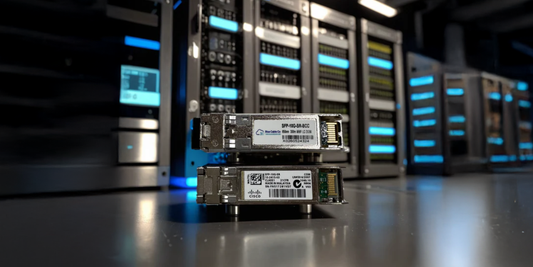 Black and silver SFP+ optical transceiver module in sleek design