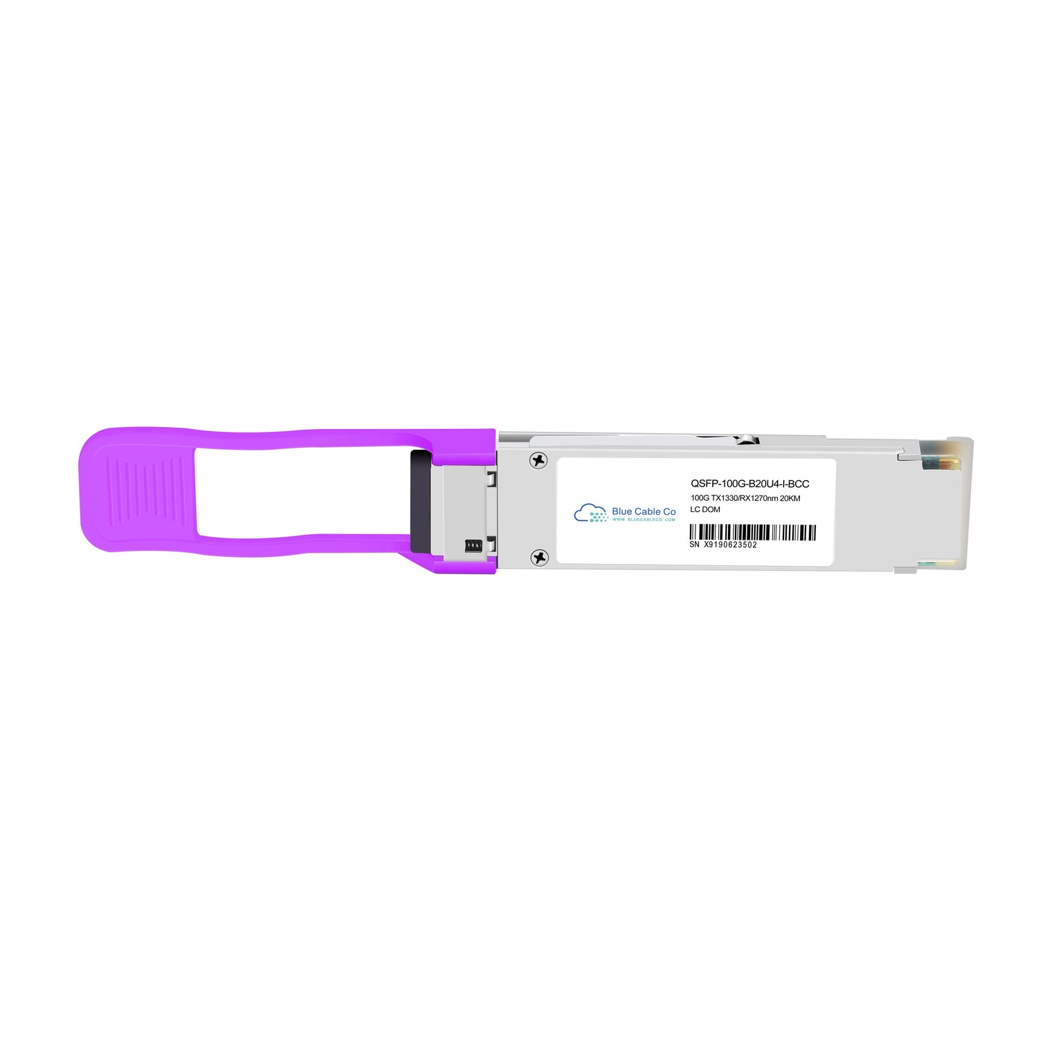 Purple plastic and metal qsfp-100g-s20d4+bcc transceiver module from blue cable co for cisco compatible 100gb bidi 20km