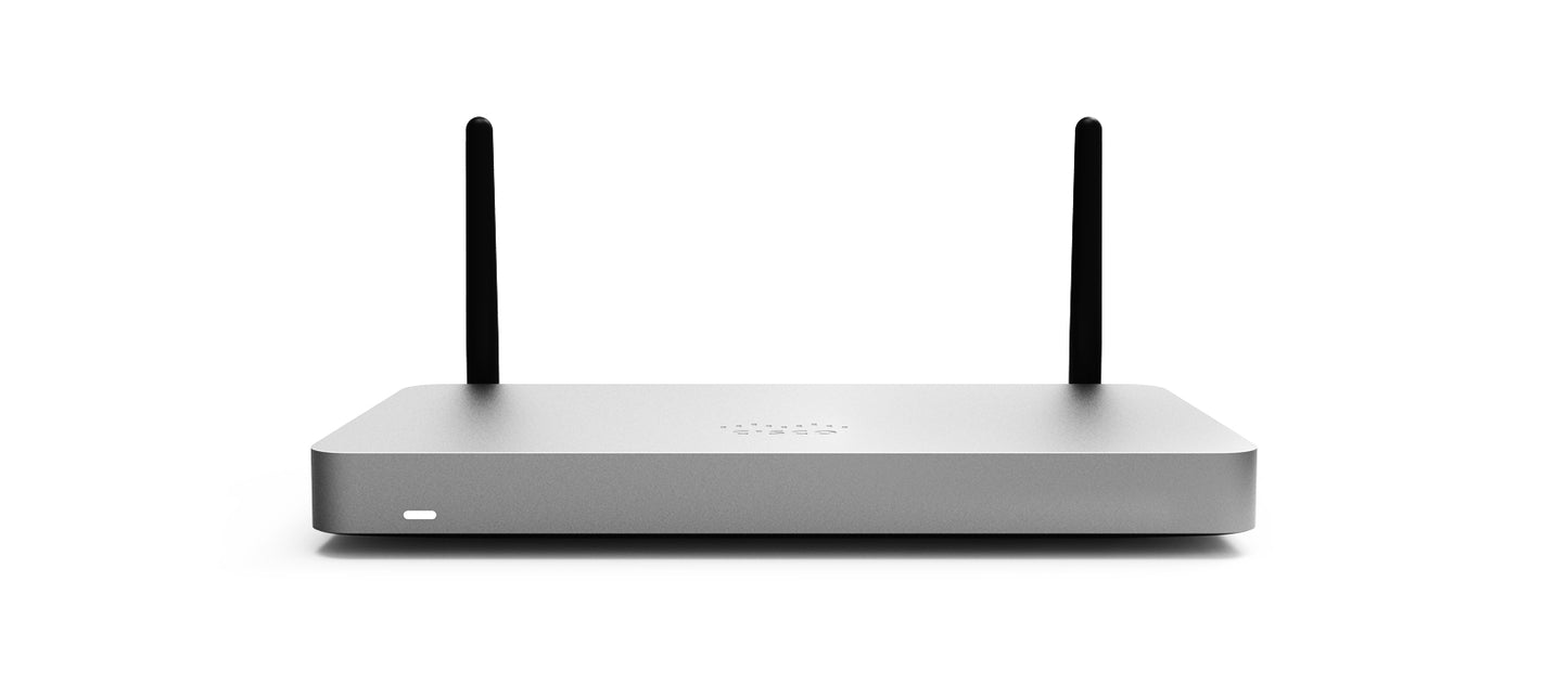 Meraki MX67W-HW | SD-WAN security appliance with Wi‑Fi 5 (802.11ac Wave 2), dual-band | 450 Mbps FW, 200 Mbps VPN | 1x 1G WAN, 4x 1G LAN | USB cellular failover | License: Enterprise/Advanced Security