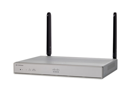 Cisco C1111-8P-DNA silver router with black antennas and logo