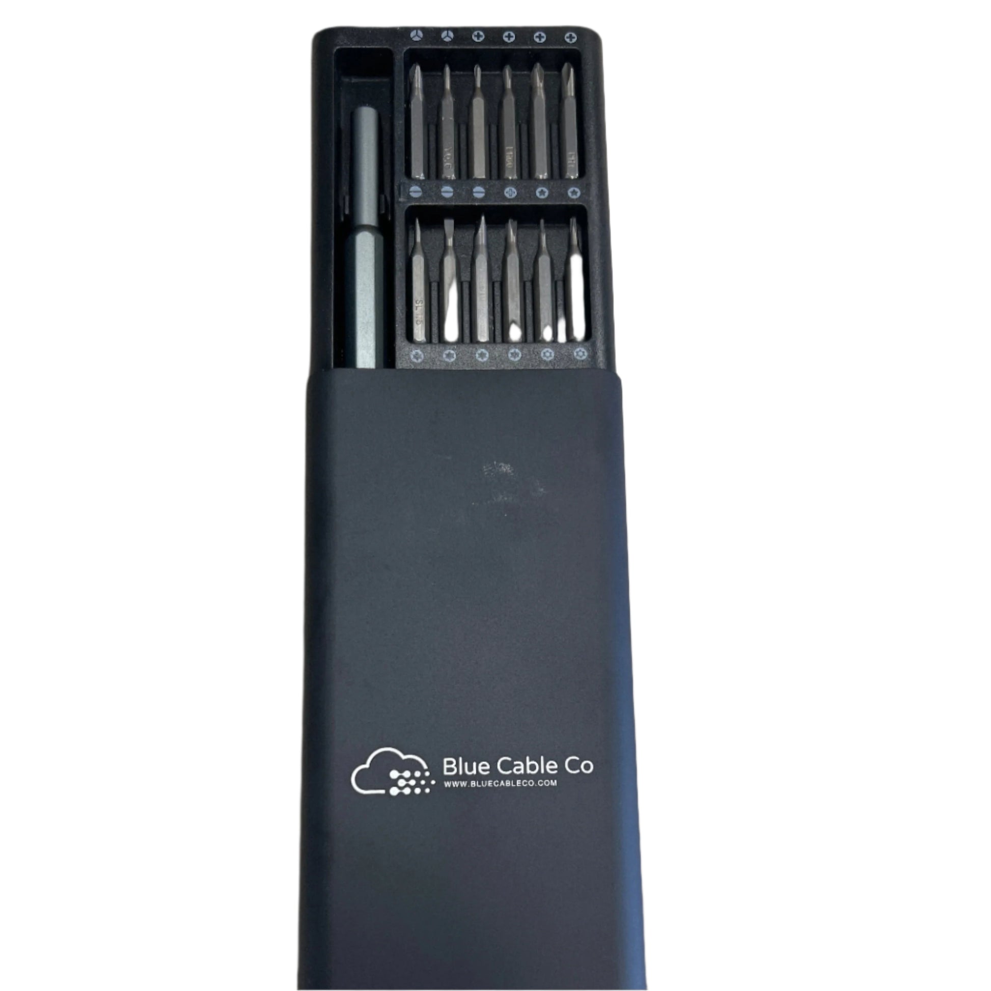 Blue Cable Co 24-in-1 precision screwdriver set with magnetic bits in box