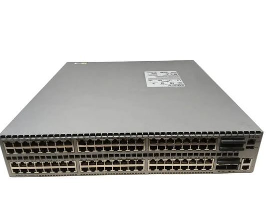 Gray metal arista dcs-7050tx2-128-f network switch with 96 10gbase-t ethernet ports and label sticker on top surface
