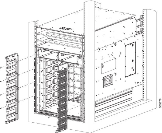 Cisco 8808-CBLMGMT | 8808 chassis accessory | cable management kit | strain relief + bend radius control | front cable-facing install | improves airflow | includes guides + brackets