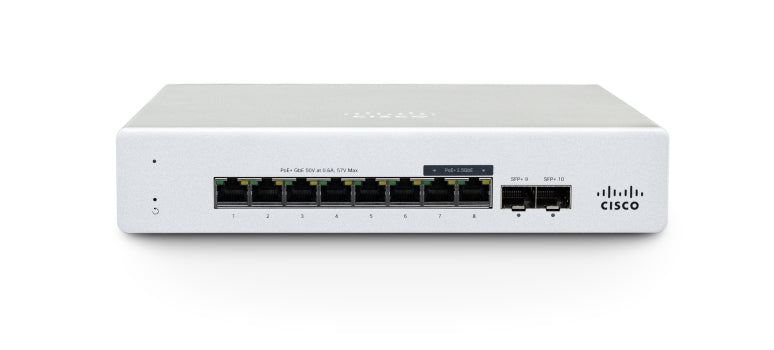 Meraki MS130-8X-HW | 6x 1G + 2x 2.5G PoE+ (120W), 2x 10G SFP+ uplinks, cloud-managed Enterprise