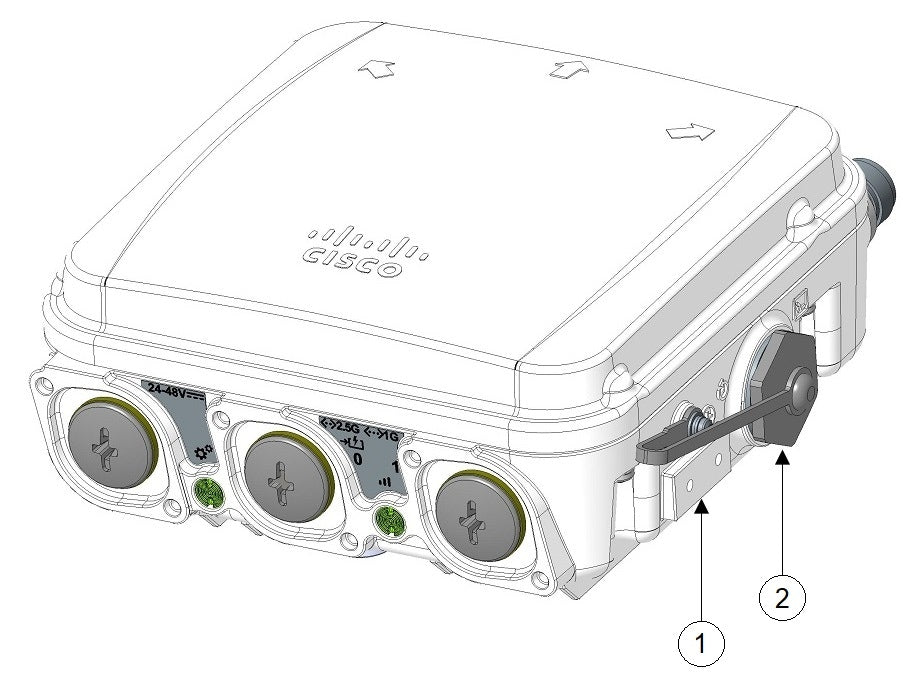 Back side of white cisco iw9167eh-row-hz catalyst iw9167 wi-fi 6e rugged network housing with three circular ports and handle