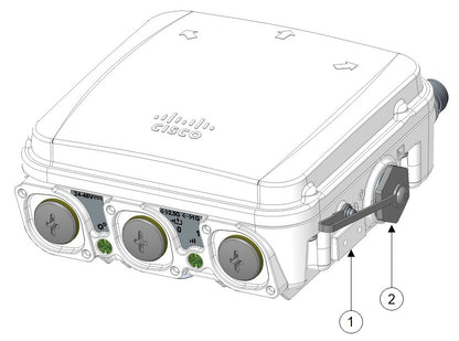 Back side of white cisco iw9167eh-row-hz catalyst iw9167 wi-fi 6e rugged network housing with three circular ports and handle