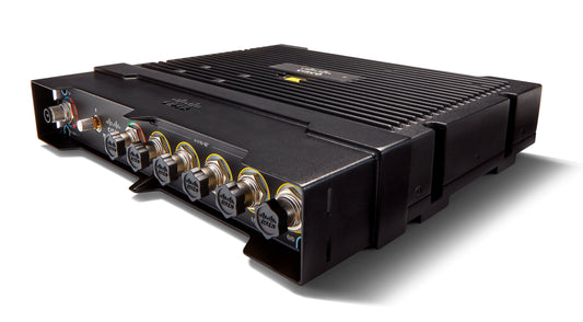 Behringer black amplifier with silver knobs and rugged M12 ports