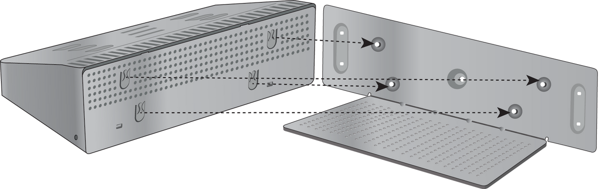 Silver metallic cisco wp-9821-mchgr-wmk server rack with perforated side panels and mounting holes for multi-charger wall mount