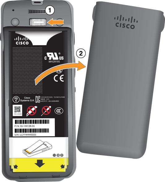 Gray cisco wireless access point with matte finish and rounded edges shown from the back in a 10-pack battery door accessory