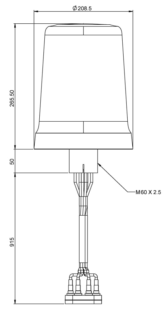 Technical schematic of the meraki cw-ant-t-o3-n tri-band omnidirectional antenna with m60 x 2.5 threaded mount in black line art