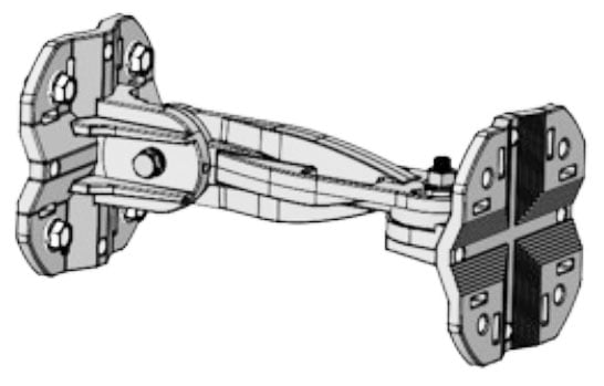 Metallic silver hinge with symmetrical cross-shaped design and bolted mounting plates for Meraki CW-MNT-ART4 mount kit