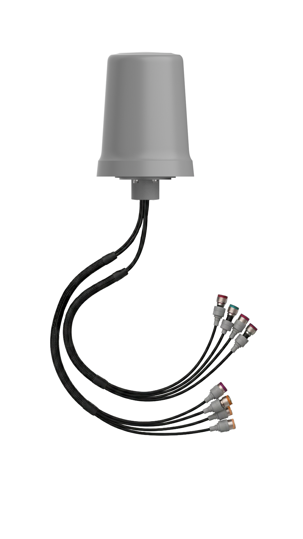 Gray cylindrical meraki cw-ant-t-o3-n tri-band omnidirectional antenna with black cables and colored n-type connectors