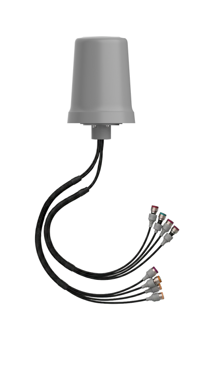 Gray cylindrical meraki cw-ant-t-o3-n tri-band omnidirectional antenna with black cables and colored n-type connectors